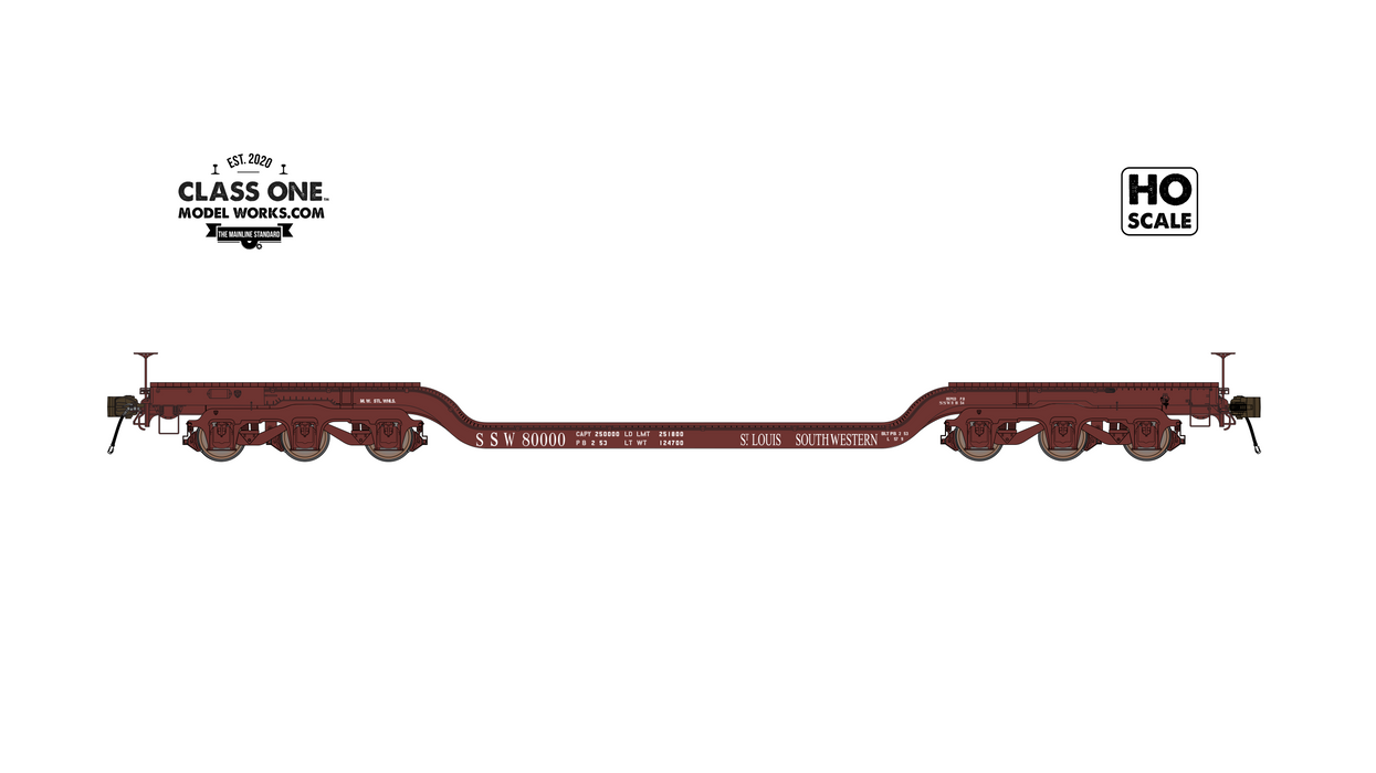 A sideview of GSC Heavy Duty Flatcar St. Louis Southwestern model in HO Scale by ClassOneModelWorks.com