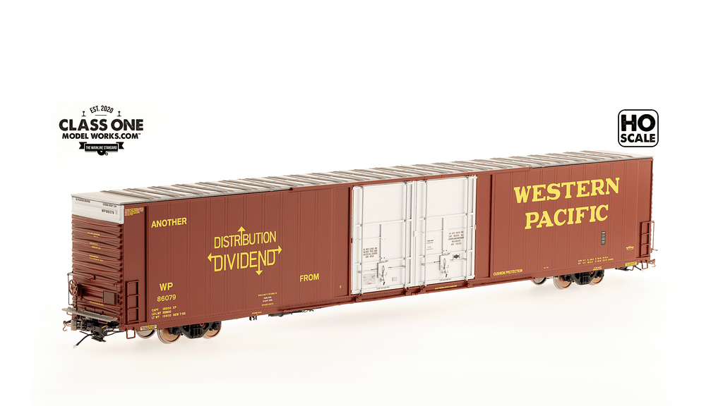 A side view of the Thrall 86’ Highcube Boxcar 4-door Western Pacific in Red