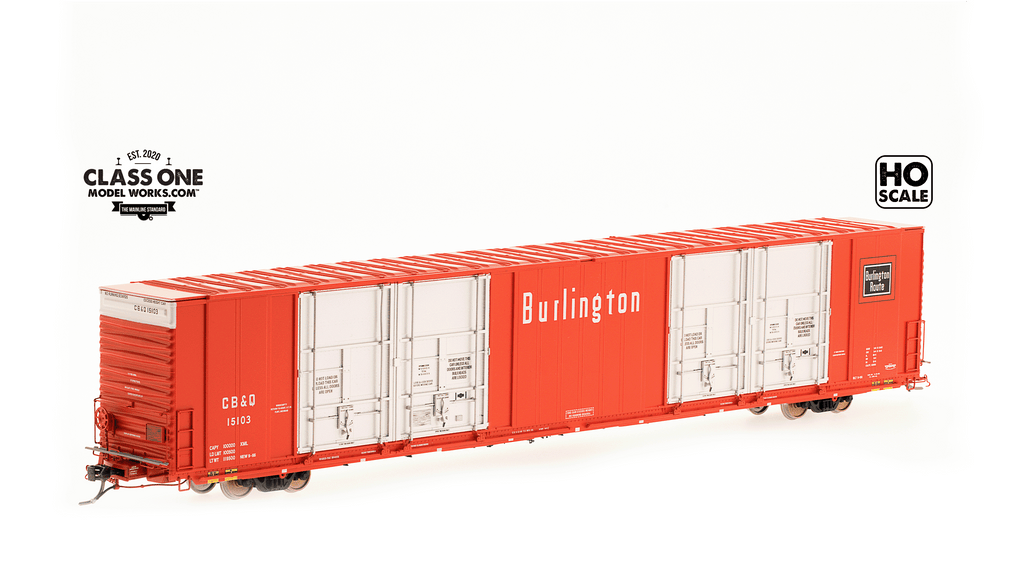 A side view of the Thrall 86’ Highcube Boxcar 8-door Chicago Burlington & Quincy in Red