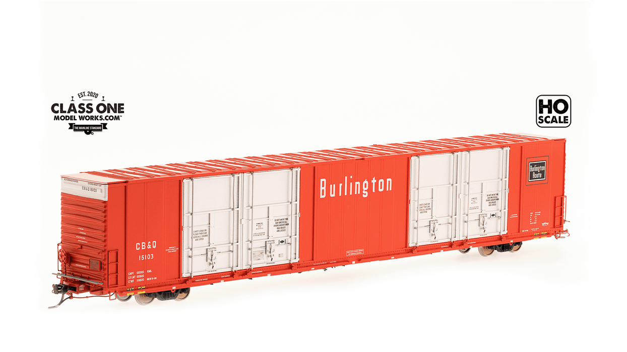 A side view of the Thrall 86’ Highcube Boxcar 8-door Chicago Burlington & Quincy in Red