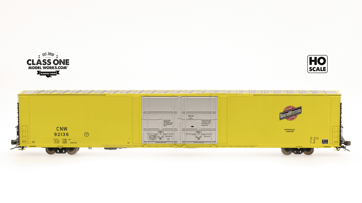 A side view of the Thrall 86’ Highcube Boxcar 4-door in Chicago Northwestern in Yellow