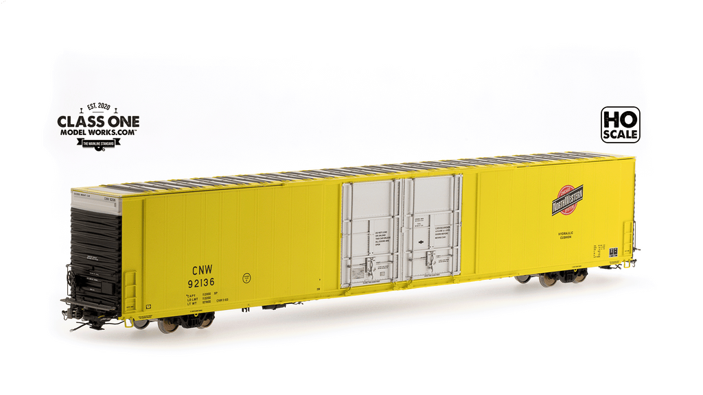 A side view of the Thrall 86’ Highcube Boxcar 4-door in Chicago NorthWestern in Yellow