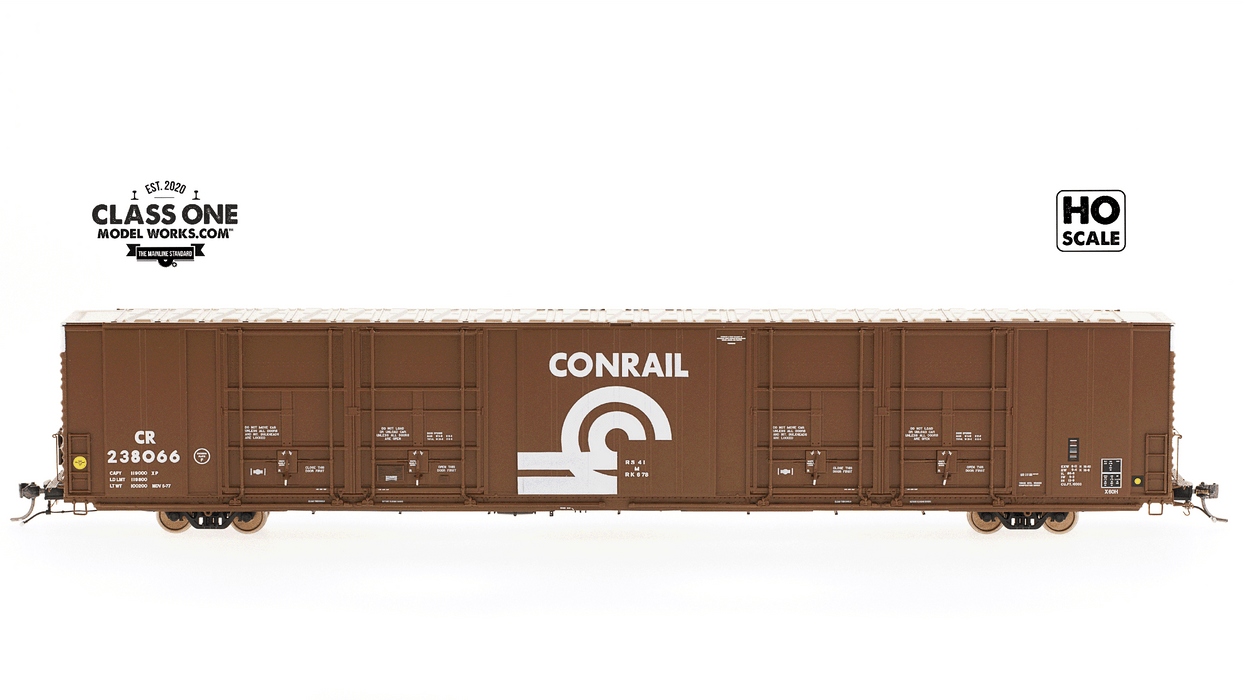 A side view of the Thrall 86’ Highcube Boxcar 8-door Conrail in Brown