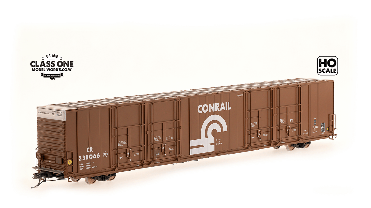 A side view of the Thrall 86’ Highcube Boxcar 8-door Conrail in Brown