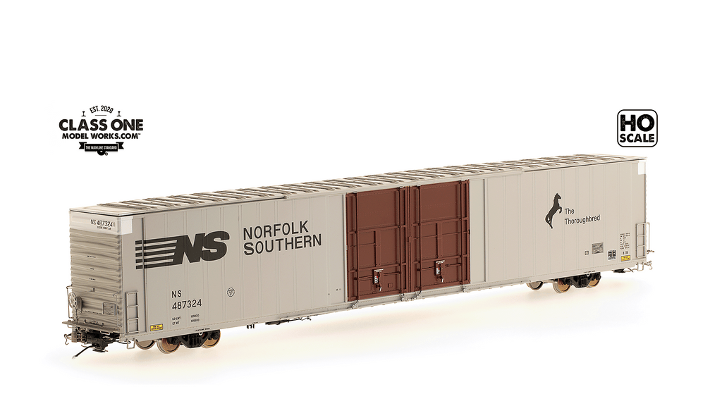 A sideview of the Thrall 86’ Highcube Boxcar 4-door in Norfolk Southern in Gray