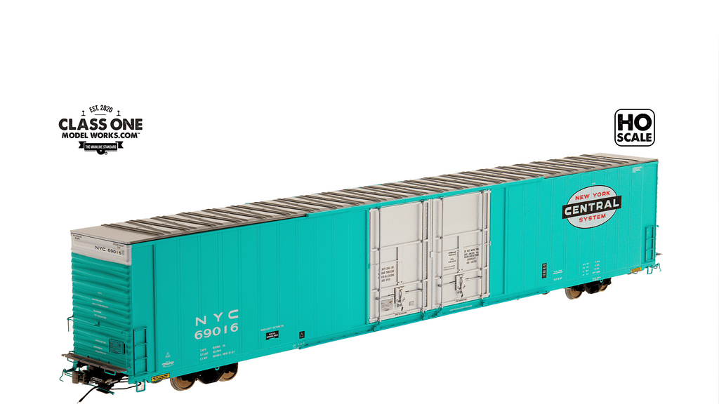 A side view of the Thrall 86’ Highcube Boxcar 4-door New York Central in Century Green