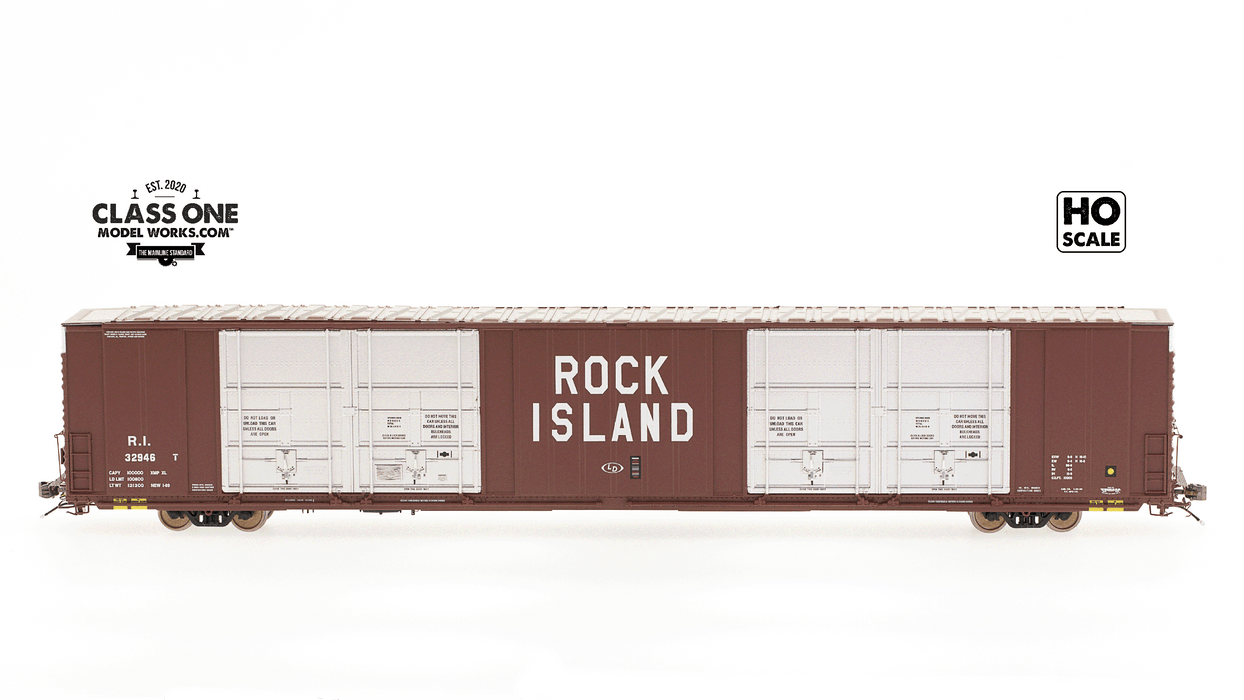 A side view of the Thrall 86’ Highcube Boxcar 8-door Rock Island in Red