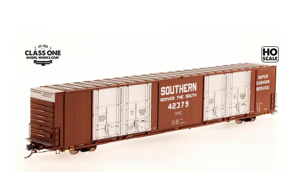 A side view of the Thrall 86’ Highcube Boxcar 8-door in Southern in Red