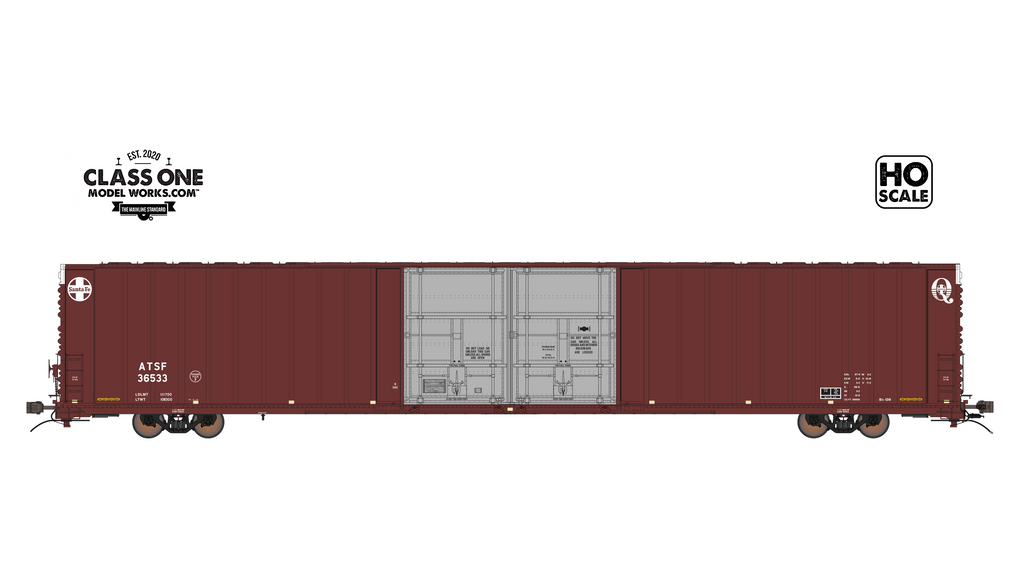 A side view of the Thrall 86’ Highcube Boxcar 4-door Santa Fe in Mineral Brown