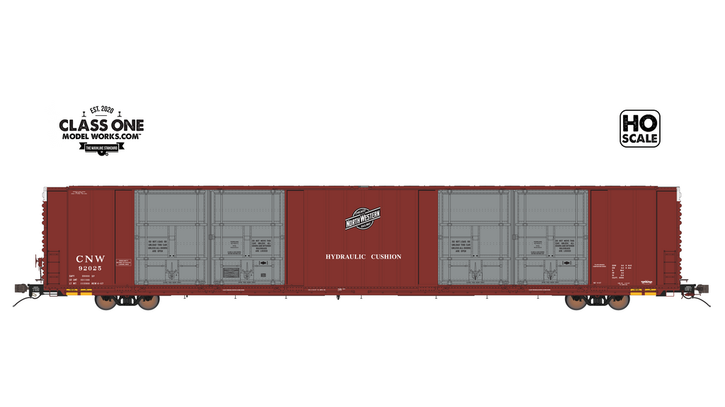 A side view of the Thrall 86’ Highcube Boxcar 8-door Chicago Northwestern in Tuscan