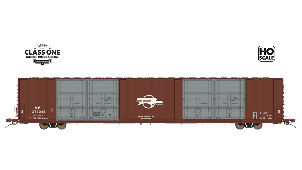 A side view of the Thrall 86’ Highcube Boxcar 8-door Missouri Pacific in Brown