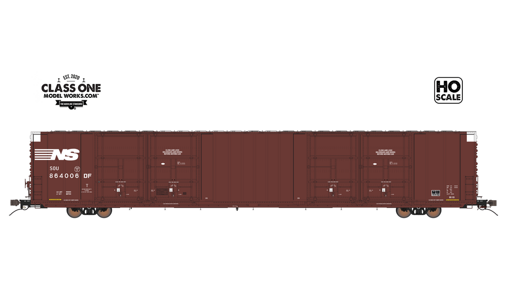 A side view of the Thrall 86’ Highcube Boxcar 8-door Norfolk & Western in Brown