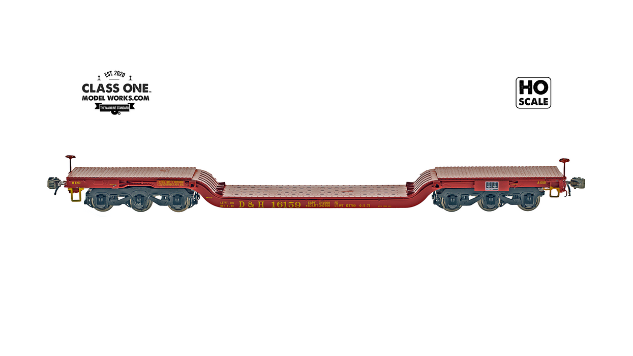 A sideview of GSC Heavy Duty Flatcar Delaware & Hudson model in HO Scale by ClassOneModelWorks.com