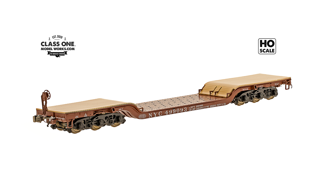 A sideview of GSC Heavy Duty Flatcar New York Central model in HO Scale by ClassOneModelWorks.com