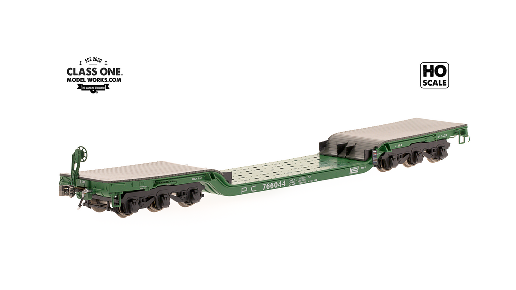 A sideview of GSC Heavy Duty Flatcar Penn Central model in HO Scale by ClassOneModelWorks.com