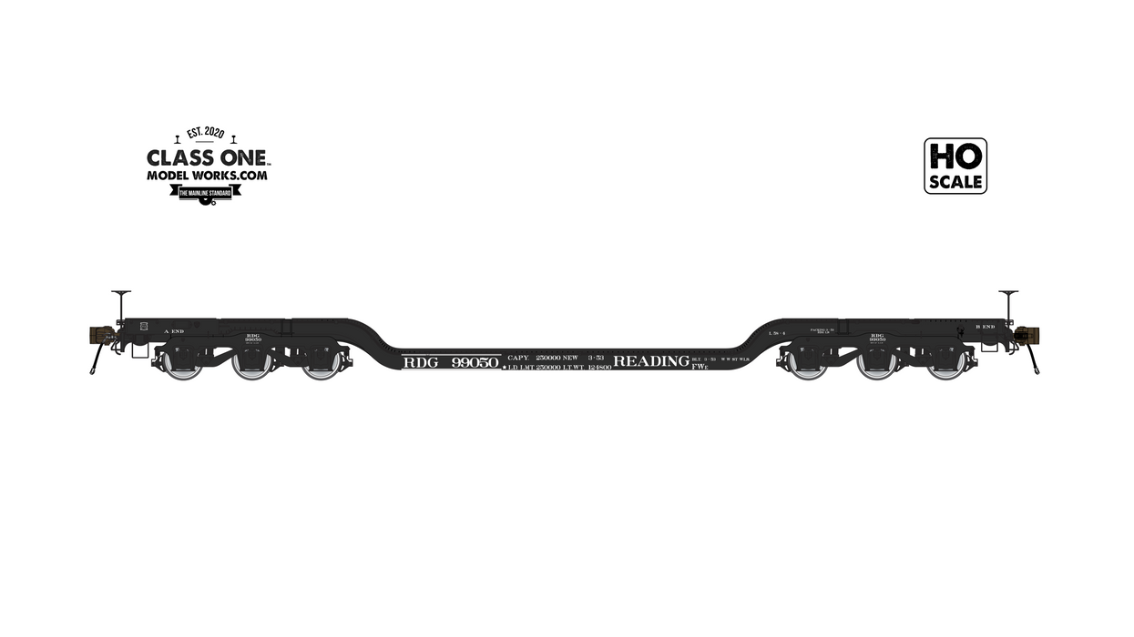 A sideview of GSC Heavy Duty Flatcar Reading model in HO Scale by ClassOneModelWorks.com