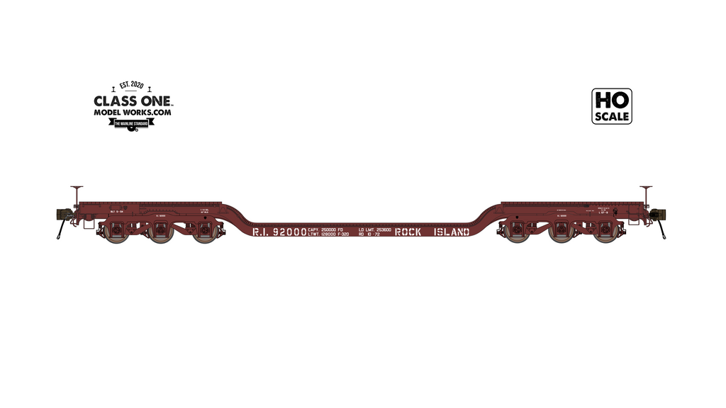 A sideview of GSC Heavy Duty Flatcar Rock Island model in HO Scale by ClassOneModelWorks.com