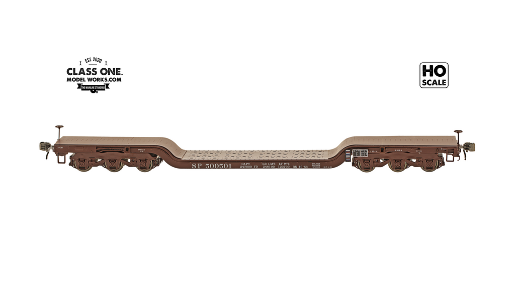 A sideview of GSC Heavy Duty Flatcar Southern Pacific model in HO Scale by ClassOneModelWorks.com