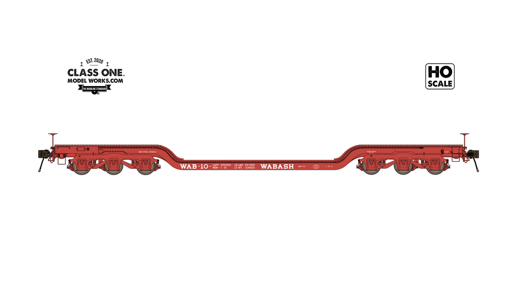 A sideview of GSC Heavy Duty Flatcar Wabash model in HO Scale by ClassOneModelWorks.com