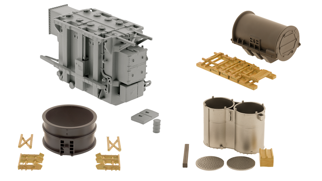 Loaded Bundle 2.0 includes a Large Transformer - Industrial Gray, Industrial Mix Tanks Load, Steel Ladle Section & Cribbing, Pressure Vessel Section & Cribbing