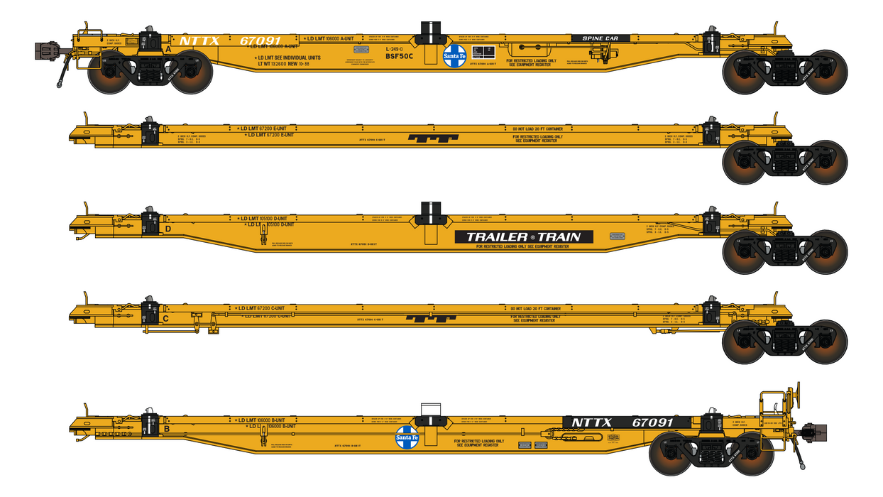 NTTX BSF50C COFC Spine Car - 5 Unit - As-Delivered TrailerTrain - ATSF Logo