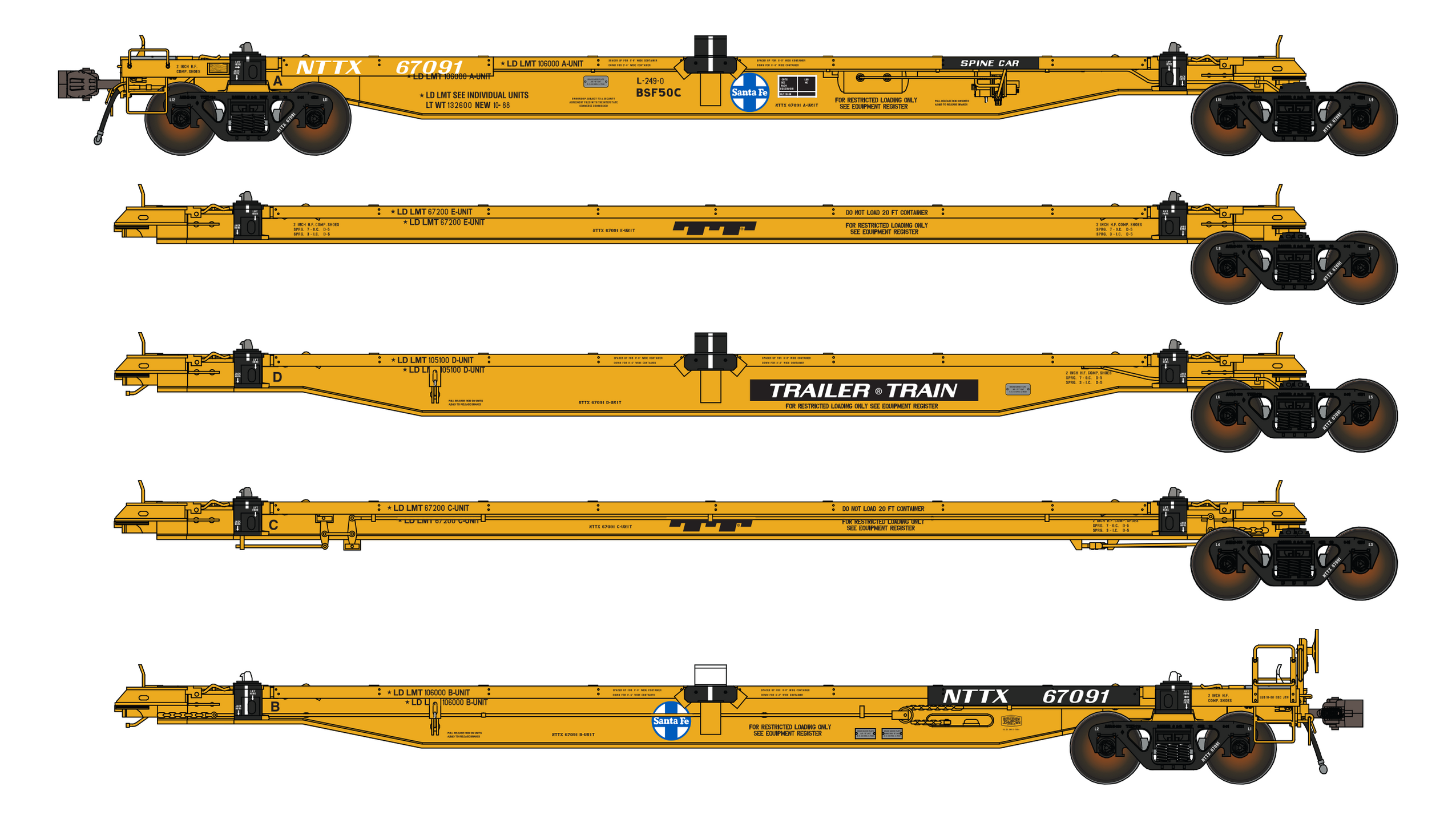 NTTX BSF50C COFC Spine Car - 5 Unit - As-Delivered TrailerTrain - ATSF ...