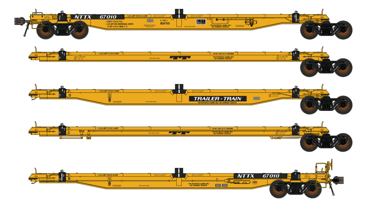 NTTX BSF50 COFC Spine Car - 5 Unit - As-Delivered TrailerTrain w/Anti-Skid