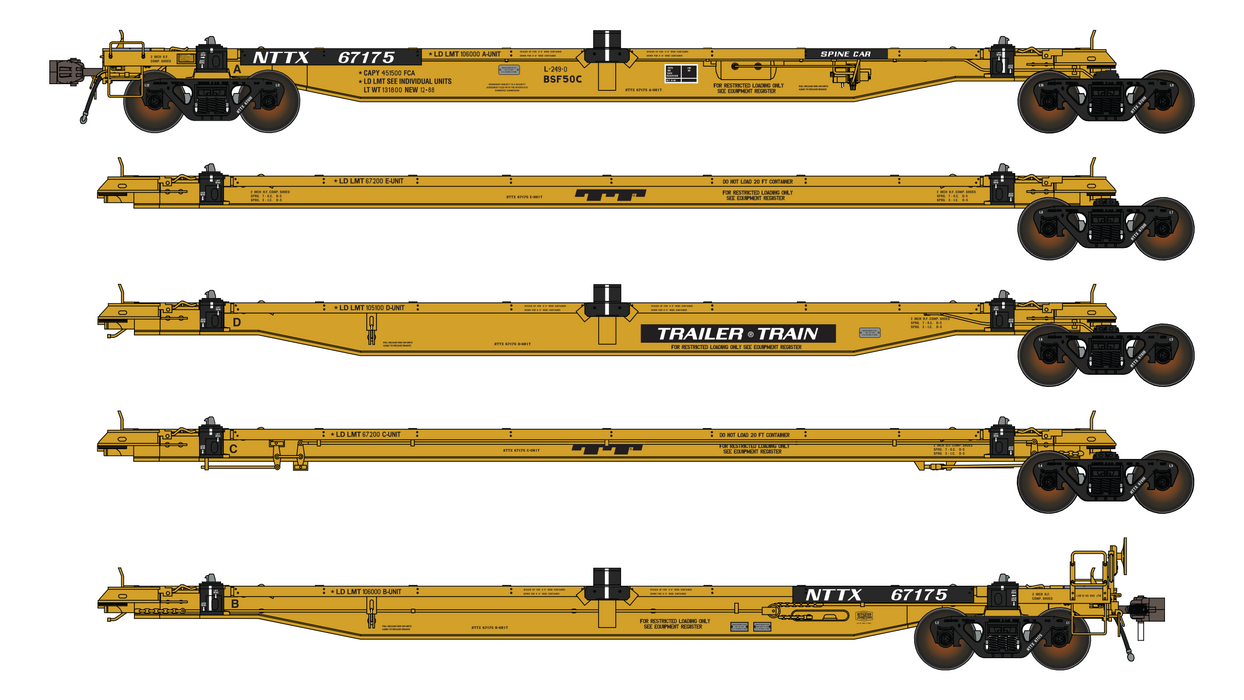 NTTX BSF50C COFC Spine Car - 5 Unit - TrailerTrain Aged Paint