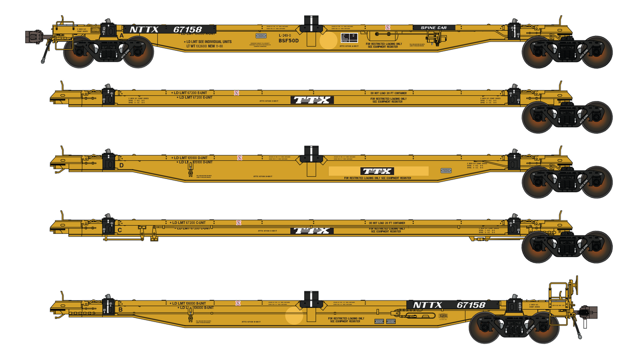 NTTX BSF50D COFC Spine Car - 5 Unit - TTX Logo Aged Paint - Round ATSF Paint-out