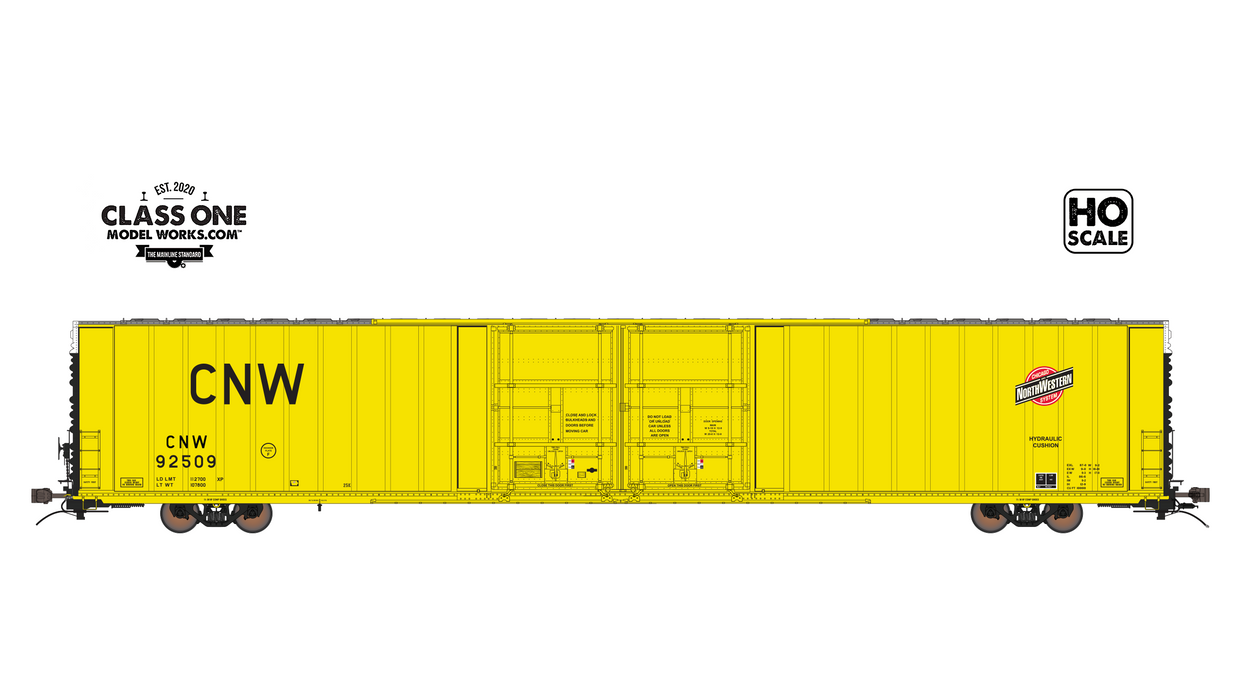 A side view of the Thrall 86’ Highcube Boxcar 4-door in Chicago Northwestern in Yellow