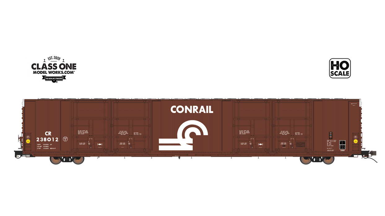 A side view of the Thrall 86’ Highcube Boxcar 8-door Conrail in Brown