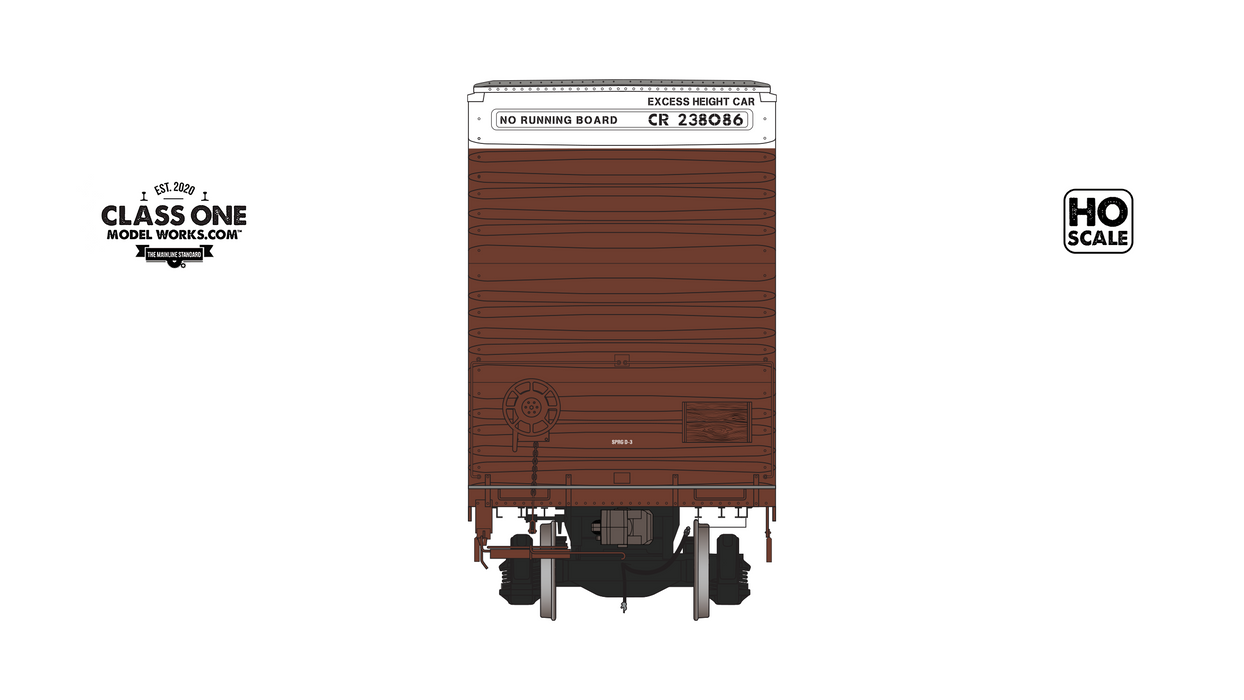 A back view of the Thrall 86’ Highcube Boxcar 8-door Conrail in Brown