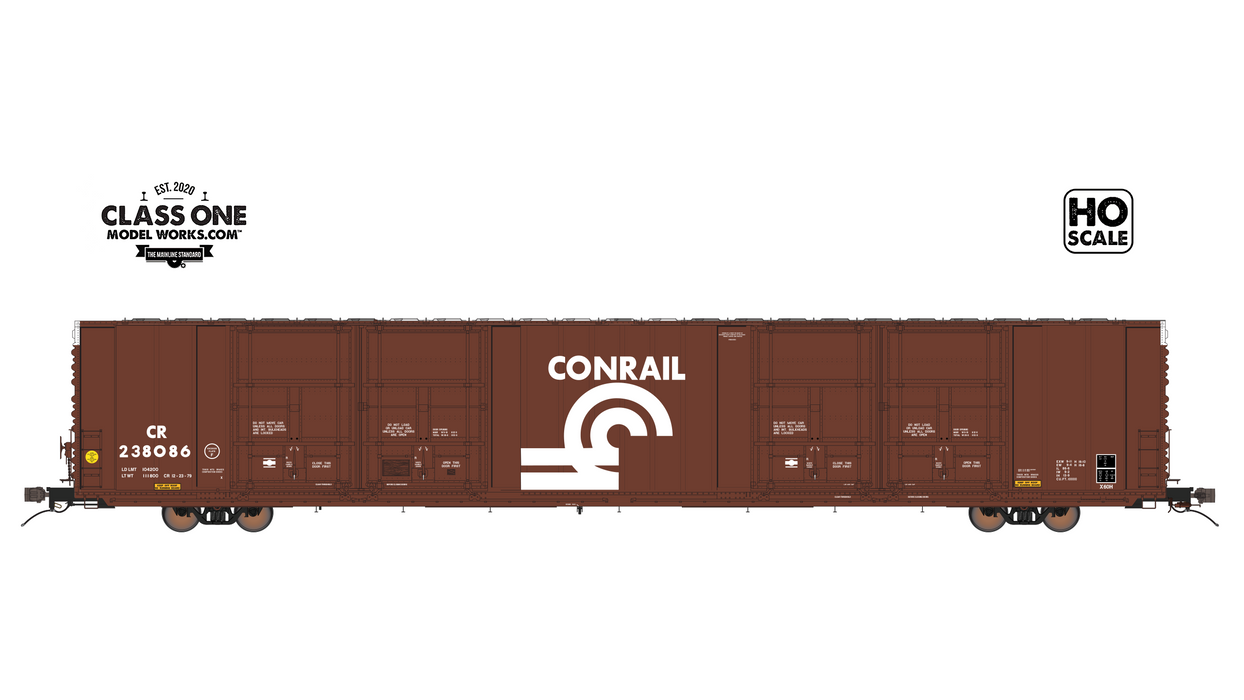 A side view of the Thrall 86’ Highcube Boxcar 8-door Conrail in Brown