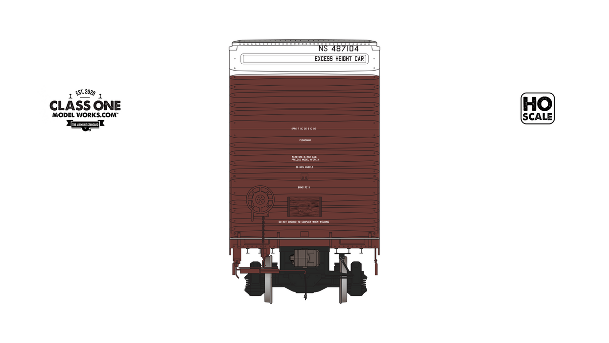 A backview of the Thrall 86’ Highcube Boxcar 4-door in Norfolk Southern in Brown