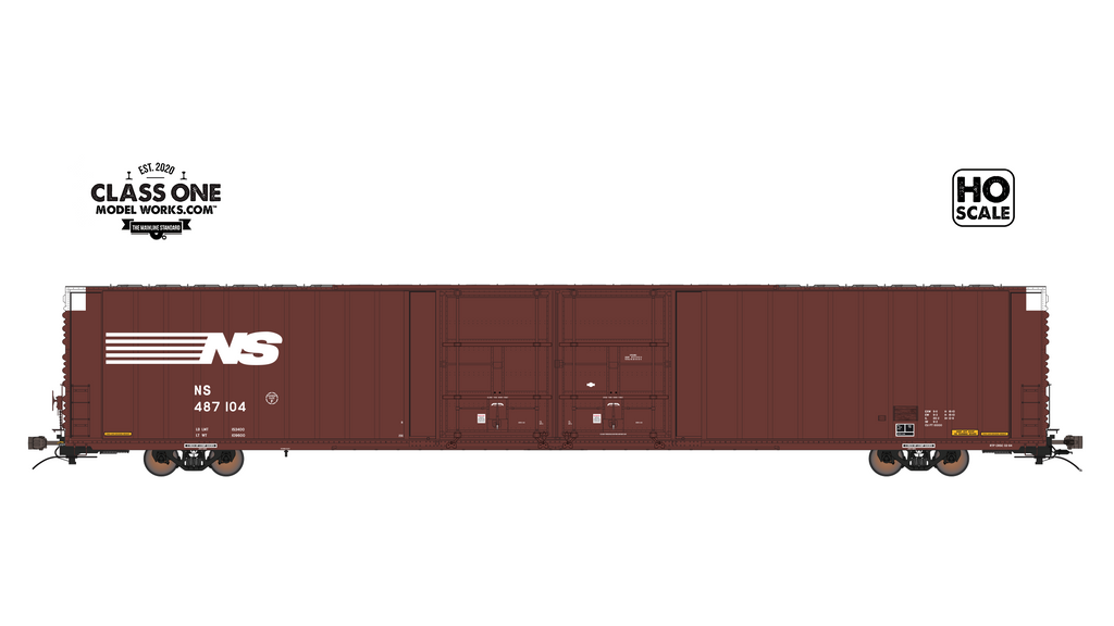 A sideview of the Thrall 86’ Highcube Boxcar 4-door in Norfolk Southern in Brown