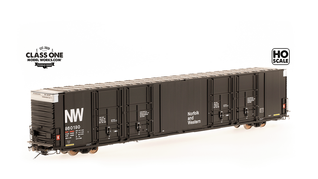 A side view of the Thrall 86’ Highcube Boxcar 8-door Norfolk & Western in Black