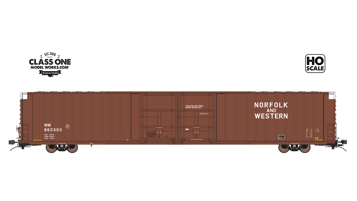 A side view of the Thrall 86’ Highcube Boxcar 4-door Norfolk & Western in Brown