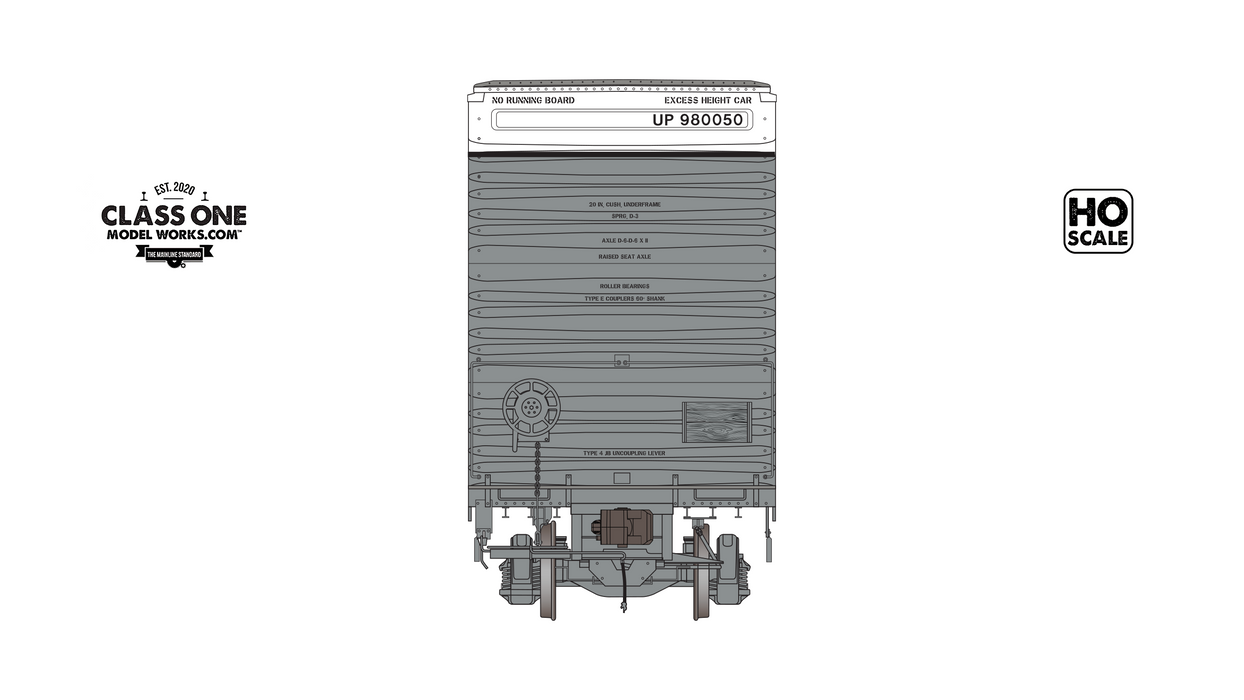 A back view of the Thrall 86’ Highcube Boxcar 4-door in Union Pacific in Armour Yellow