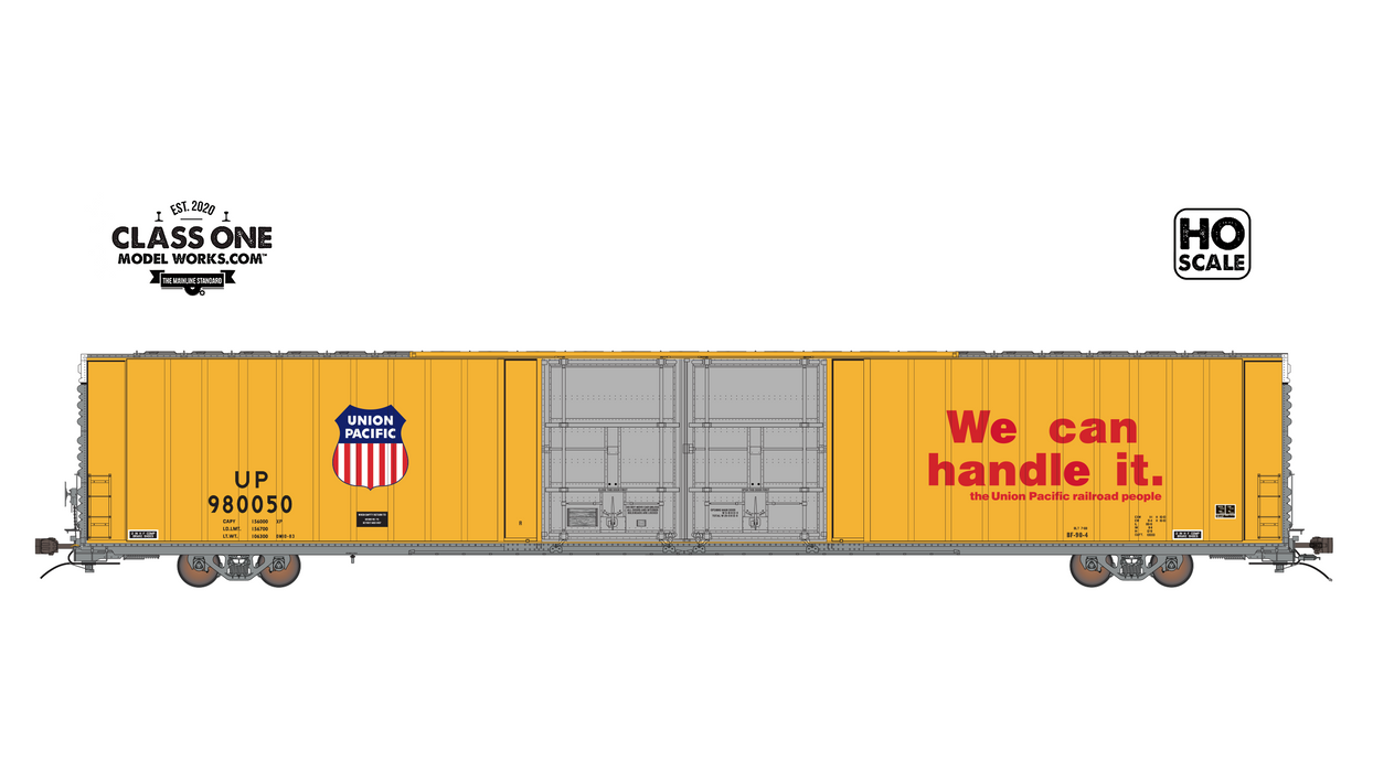 A side view of the Thrall 86’ Highcube Boxcar 4-door in Union Pacific in Armour Yellow