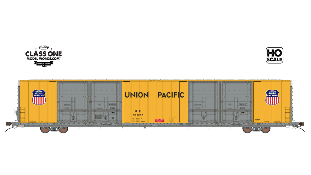 A sideview of the Thrall 86’ Highcube Boxcar 8-door in Union Pacific in Armour Yellow