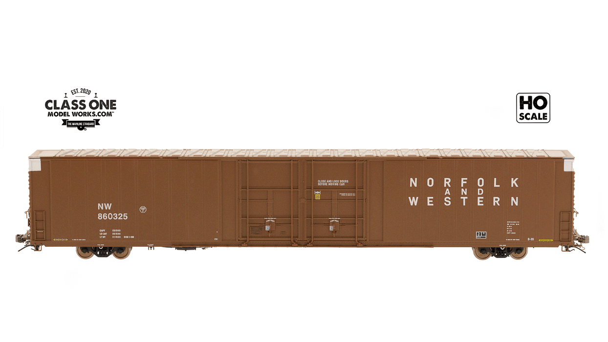 A side view of the Thrall 86’ Highcube Boxcar 4-door Norfolk & Western in Brown